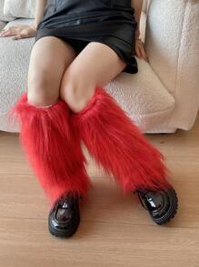 女士毛绒腿套，柔软舒适的冬季长靴袖口护套，圣诞节 - 紅色 - 查看 2