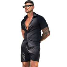 2kit Conjunto Masculino de Linho Social Camisa botão e Bermuda Linho