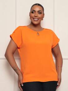 ONLYONE - PLUS SIZE SHORT SLEEVE BLOUSE IN AIR FLOW DUNES WITH NECKLINE DETAIL - SHEIN WOMEN'S BLOUSES - 橘色 - 查看 5