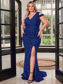 Plus Size Blauwe Pailletten Asymmetrische Hals Split Zoom Avondjurk Feestjurk Bruiloftsgastenjurk Formele Jurk Avondjurk