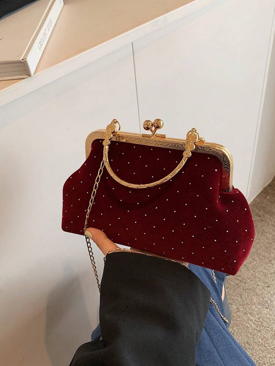 Nouveau sac de soirée à chaîne pailletée 2025, sac à main de célébrité mode, pochette, sac à bandoulière/porté en travers, couleur unie, sac à main à bandoulière chaîne [placement du motif floral aléatoire] - Rouge foncé - Voir 1