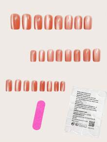 用 24 件中方形优雅时尚红棕色猫眼假指甲表达您的爱意，漂亮的红棕色假指甲，全覆盖假指甲尖，适合女性和女孩，包括美甲沙龙用 1 块果冻凝胶和 1 个锉刀 - 棕色 - 查看 2