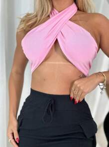 Wrap Top With Tie With Padded Tops Bandeau Crossover Fashion Blogger Party - Màu Hồng baby - Xem 1