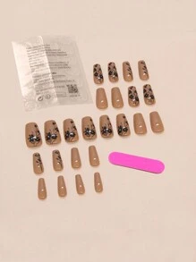24片黑色花朵图案短款棺材形美甲贴纸，附赠1瓶美甲胶水和1个指甲锉，适合女性日常佩戴、购物、旅行和居家使用，美甲用品。 - 彩色 - 查看 2