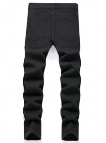 Men's Slim Fit Distressed Jeans Ripped Denim Pants Straight Leg Black - 黑色 - 查看 2