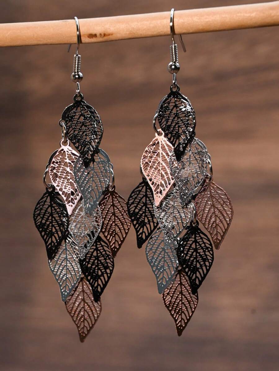 1 Pair Fashionable Retro Hollow Leaf Tassel Earrings For Women, Japanese And Korean Style - Multicolor - View 1