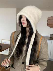 1pc Two-Way Cozy Knit Beanie Hat With Tie Design, Warm And Versatile For Women In Autumn & Winter