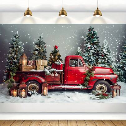 Merry Christmas Photo Backdrop - Red Truck With Pine Tree Pattern, Polyester Material, Multi-Purpose Holiday Party Decoration For Family Photo And Festive Events,Christmas