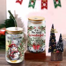 1 件，16 盎司玻璃水瓶，带真空盖，卡通圣诞老人和雪人 3D 印花设计，便携式户外旅行汽车玻璃杯（带吸管），送给家人和朋友的礼物，圣诞派对礼物 - 彩色 - 查看 5
