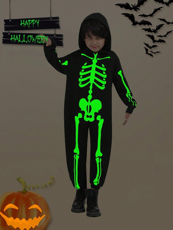 Tween Boy Halloween Costume Long Sleeve Hooded Jumpsuit, Cartoon Glow-In-The-Dark Skull Print, Holiday Party Fashion