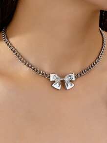 1pc Bow Metal Pendant Necklace, Dainty Elegant Suitable For Women Daily Wear, Party, Dating, Gift Valentines,Mom,Mother,Mother's Day,Gift - Silver - View 15