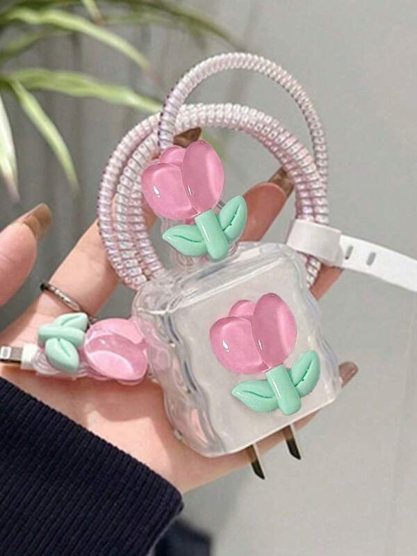 1set/5pcs Pink Tulip Ripple Edge Charging Case Kit, 18/20W Charger Head Protector Sets Cable Protector, Charger Protector