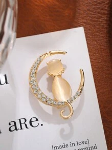 1 件时尚全水钻天使翅膀和人造珍珠胸针、月猫翻领别针、送给朋友和家人的珠宝礼物 - 金色 - 查看 6