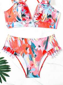 Women's Printed Flounce Shoulder Criss-Cross Back Bikini Summer