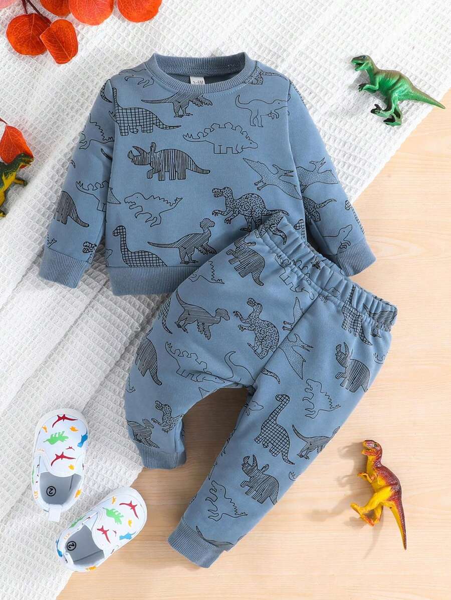 2pcs Baby Boys Casual Cool Outdoor Sports Dinosaur Print Sweatshirt And Pants Set