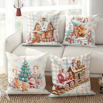 Juldekorativt kuddfodral, Pepparkaksman Present Pepparkakshus Pepparkakståg Juldekorativt kuddfodral, Lämplig för Vardagsrum Julsoffa dekoration, Jul