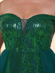 加大码 Mgiacy 露肩亮片网眼修身美人鱼连衣裙，双层网眼，正式晚会舞会礼服，适合婚礼嘉宾、毕业典礼、晚宴 - 墨綠色 - 查看 5