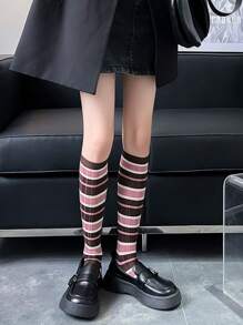 3 pary damskich różowych, pasiastych skarpetek do kolan, uniwersalny styl szkolny/zimowy, Y2K