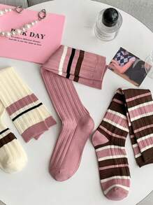3 pary damskich różowych, pasiastych skarpetek do kolan, uniwersalny styl szkolny/zimowy, Y2K