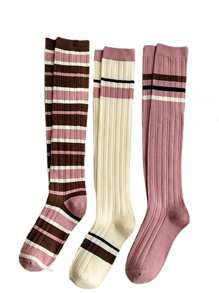 3 pary damskich różowych, pasiastych skarpetek do kolan, uniwersalny styl szkolny/zimowy, Y2K