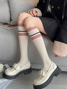 3 pary damskich różowych, pasiastych skarpetek do kolan, uniwersalny styl szkolny/zimowy, Y2K