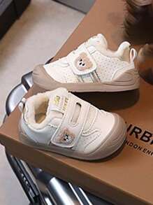 1 par de zapatos deportivos casuales para niños pequeños con forro cálido, decoración de oso, suela suave antideslizante, adecuados para el invierno