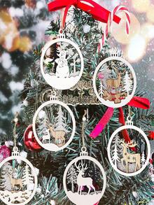 3/6 件圣诞树装饰品，冬季森林驯鹿雪花木制装饰，3D 雕刻乡村木制挂饰，适用于圣诞节室内室外树，派对装饰（随机款式）最佳礼物 - 米色 - 查看 5