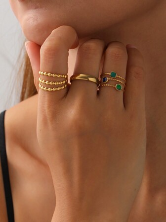 Minimalist & Versatile Stainless Steel Gold Square Oil Dot Adjustable Ring Set