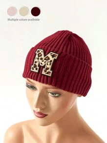 1pc Letter & Leopard Striped Casual Bohemian Acrylic Solid Embroidered Ski Beanie Hat, Knitted, Autumn/Winter, Versatile