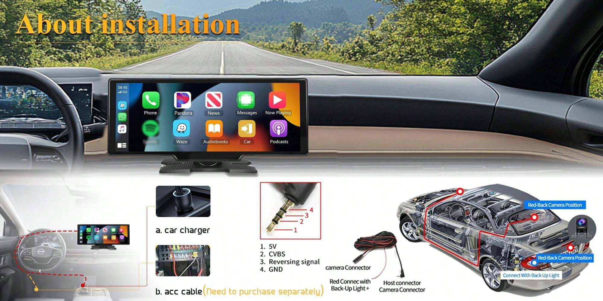 2024 New 4K Dash Cam WIFI 10.26" Wireless CarPlay Android Auto