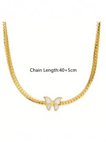 2pcs Set European And American Fashion Niche High-End Elegant Minimalist Metal Twist Clavicle Chain Necklace + Bracelet, White Butterfly Decor Stainless Steel Necklace & Bracelet