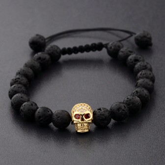 Pulsera ajustable con forma de calavera de piedra volcánica de 8mm para hombres, Halloween