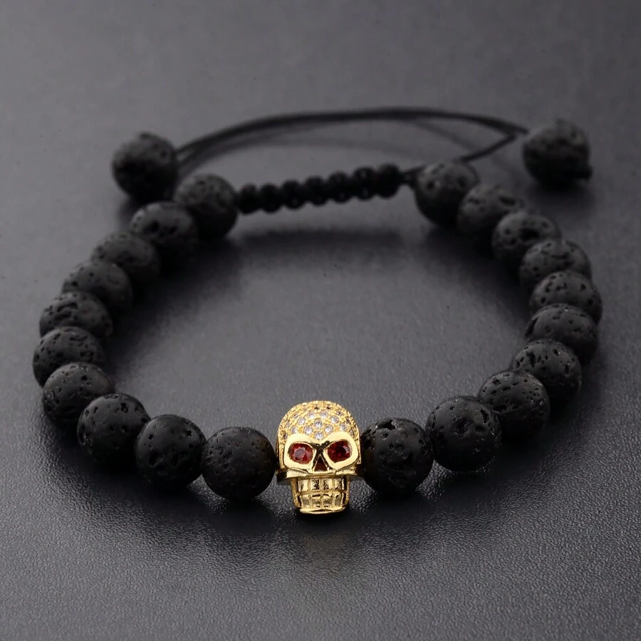 Pulsera ajustable con forma de calavera de piedra volcánica de 8mm para hombres, Halloween - pulsera de calavera - Ver 1