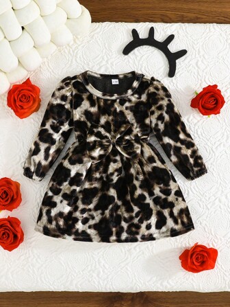 秋季春季女童长袖圆领蝴蝶结豹纹休闲连衣裙