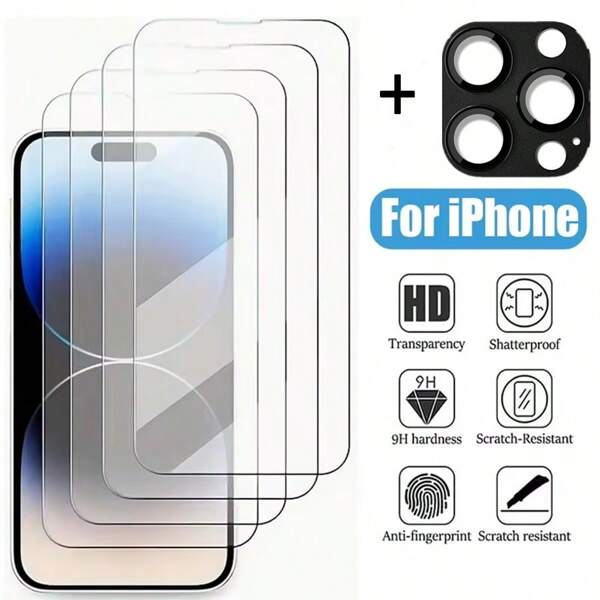 3 piezas Protector de vidrio templado + 1 pieza Protector de lente de metal compatible con iPhone 16 15 13 12 11 Pro Max