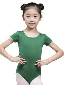 Girls Short Sleeve Cotton Leotard, Ballet Leotard Bodysuit, Sports Gymnastics, Dance And Dancing Without Print Solid Color One-Piece Clothing Clown - 綠色 - 查看 2