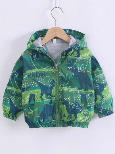 Young Boy 1pc Dinosaur Letter Print Zipper Pocket Hooded Jacket, Windbreaker