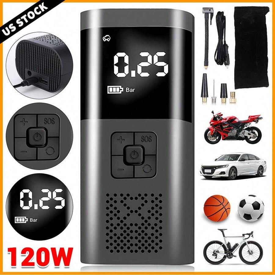 Frarome 160PSI Portable Air Pump For Car Tires With Battery, Tire Inflator Portable Air Compressor,Auto-Off Bike Pump With Digital Pressure Gauge & Emergency Light For Car, Motorcycle, Ball - Black - View 1