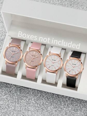 4 件/套女士时尚休闲仿皮表带石英模拟手表组合套装