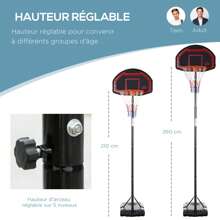 HOMCOM Panier de basket extérieur avec poteau panneau, base de lestage sur roulettes hauteur réglable 2,1-2,6 m (panier) - noir et rouge - Noir - Voir 3
