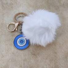 Olho Grego em Metal Branco com Pompom 2 Chaveiros Brancos para Família de uso Casual e Diário
