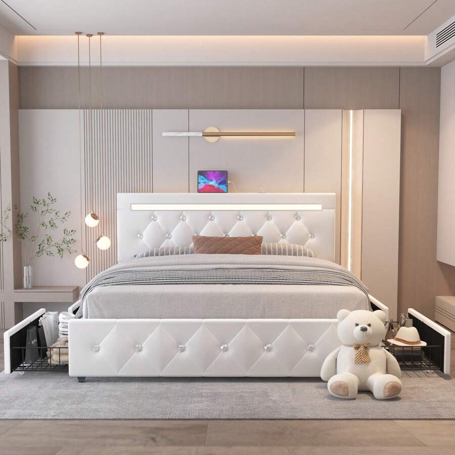 Full/Queen Size Bed Frame With 4 Drawers And Adjustable LED Headboard, PU Leather Upholstered Platform Storage Bed With Charging Station, Wooden Slats Support, No Box Spring Needed - 白色 - 查看 1