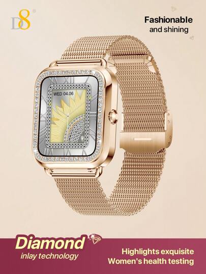D8 智能手表（接听/拨打电话），1.59 英寸女士智能手表 IP68 防水，表圈镶嵌璀璨钻石，100 多种运动模式健身活动追踪器、计步器，适用于 Android IOS 的智能手表，适合多种场合佩戴，休闲、户外、居家、办公室均适用。