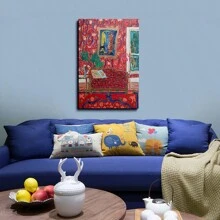 1pc Framed Modern Decorative Art Watercolor Style Print Oil Painting, Retro Oil Painting Style Red Living Room Red Wall Carpet Sofa Wall Art, Gift Artwork Wall Painting For Bathroom Bedroom Office Modern Living Room Kitchen Wall Decor Oblong Wall Art