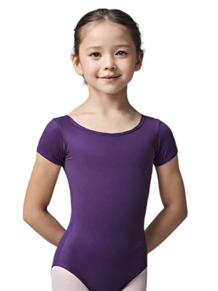 Girls Short Sleeve Cotton Leotard, Ballet Leotard Bodysuit, Sports Gymnastics, Dance And Dancing Without Print Solid Color One-Piece Clothing Clown - 紫色 - 查看 1
