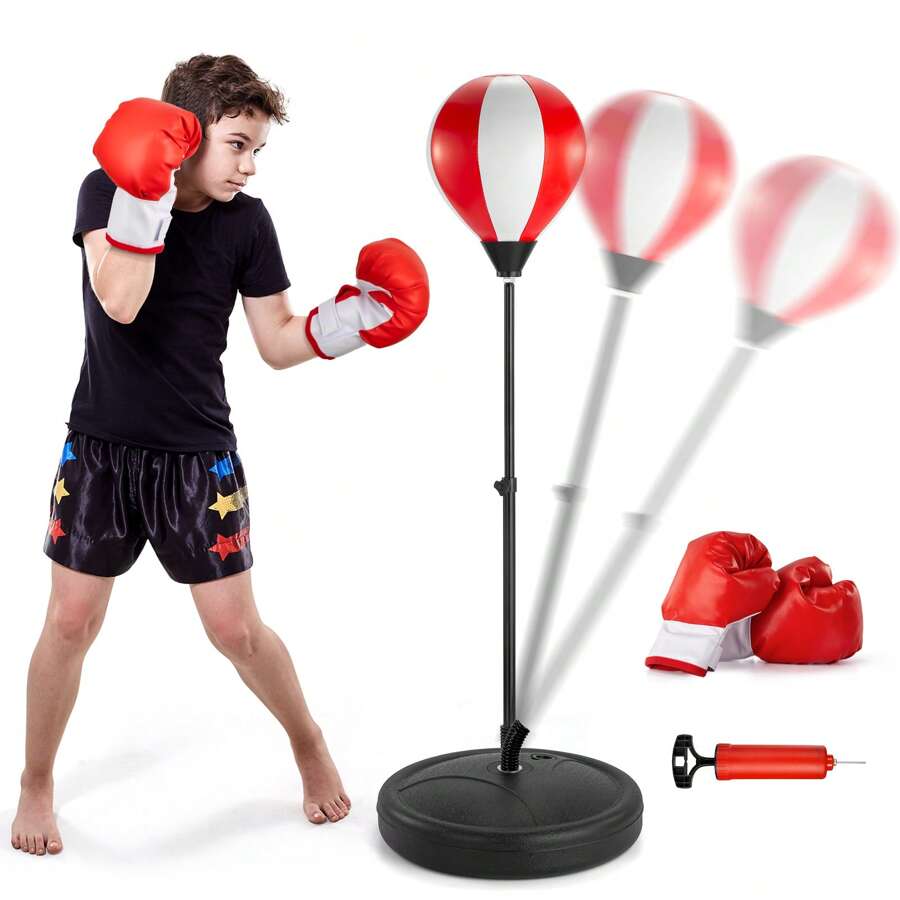 HENGPHY Juego de bolsas de boxeo para niños de 3-5, 3-8, 8-12 años, juego de bolsas de boxeo para niños de 3-5, 5-10, 8-12 años, regalos de juguetes para niños de 3, 4, 5, 6, 7, 8 años, soporte ajustable de bolsa de boxeo para niños - Rojo - Ver 1