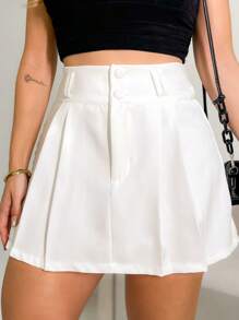 Solid Double Pleated Beltless Button Up Skirt With Lining - 白色 - 查看 1