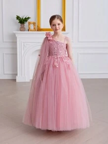 Tween Girl Bow Shoulder Lace Tulle Party Pink Dress, Elegant Princess Gown Suitable For Girls Birthday Party, Prom, Wedding, Bridesmaid, Holiday - Pink - View 7