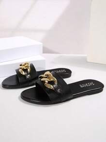 女士宽链装饰圆头黑色平底拖鞋，大码一脚蹬凉鞋，度假风格低跟日常女士夏季百搭凉鞋 - 黑色 - 查看 8