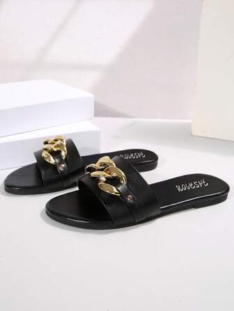 Wide Chain Decor Round Toe Black Flat Slippers For Women, Slip On Large Size Sandals, Vacation Style Low Heel Daily Ladies Summer Versatile Sandals